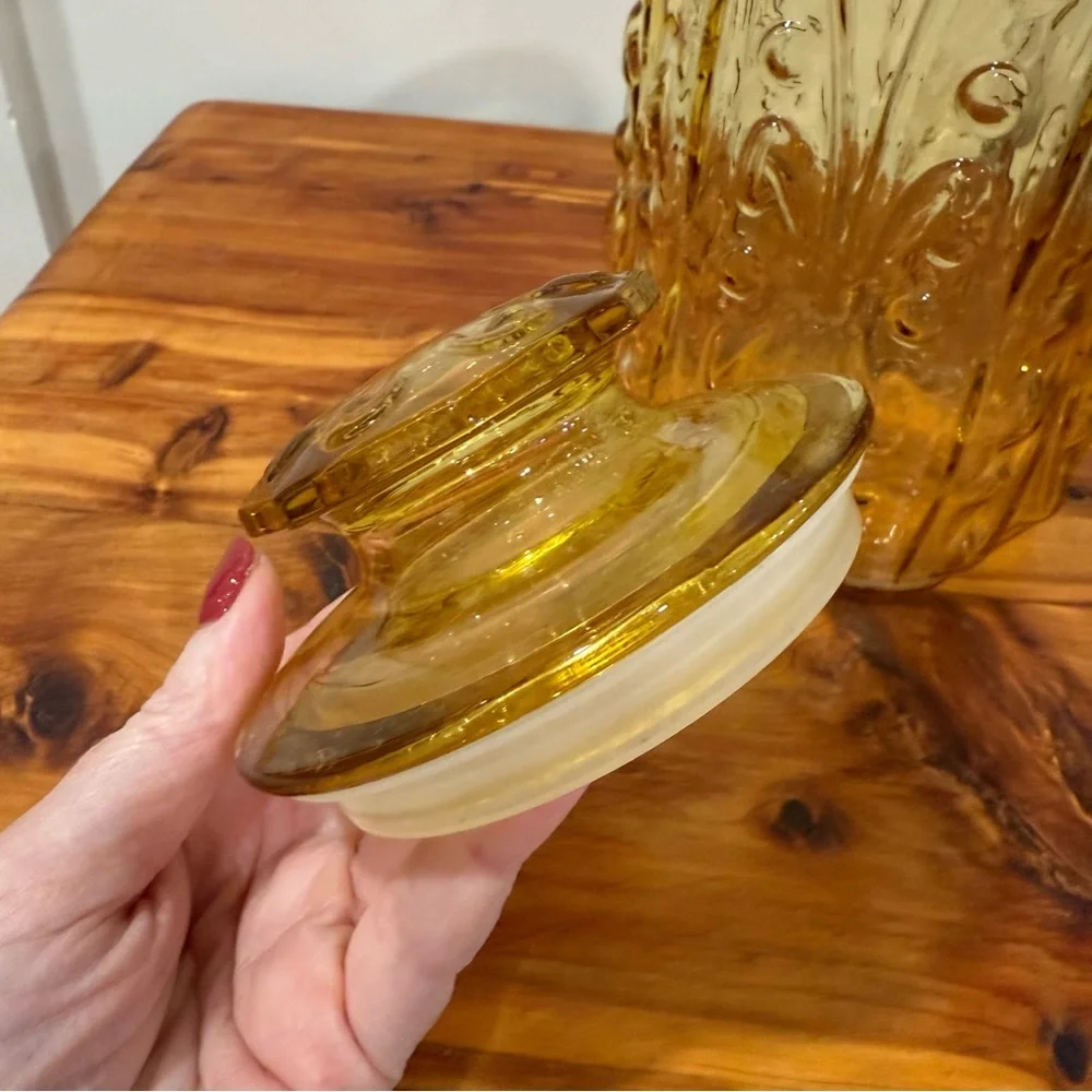 Vtg L E Smith Atterbury Scroll Amber Gold Glass Large Apothecary Jar Canister